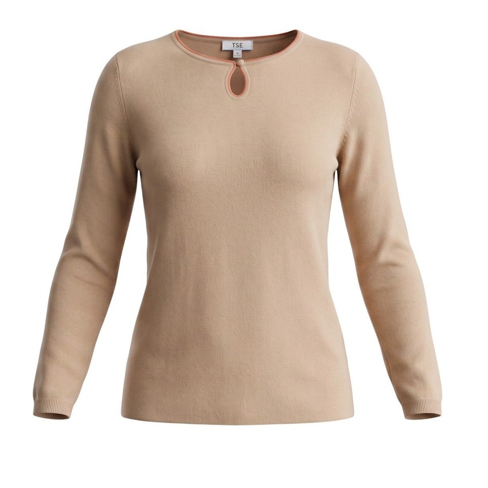 TSE Cashmere Sweater XL Tan Beige Keyhole Neck Long Sleeve Pure Cashmere Top